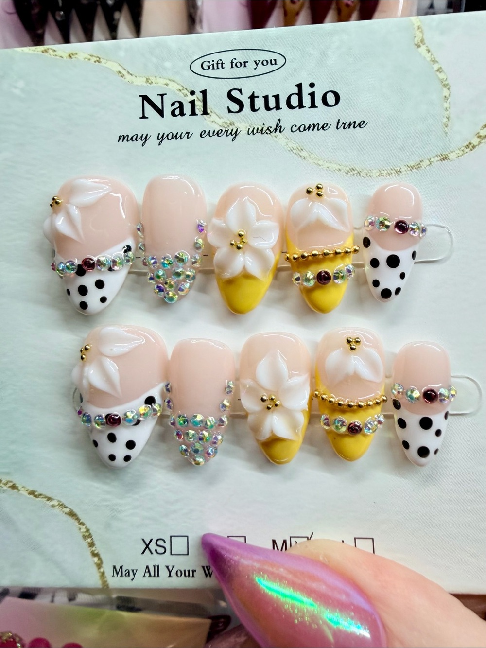 Small Press-On Nails - Pink & Yellow Floral Polka Dot Set